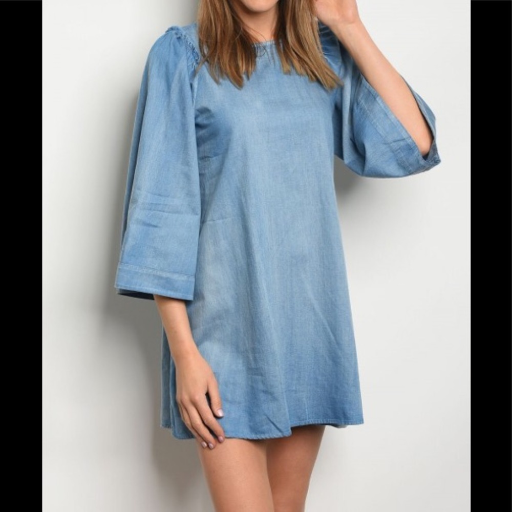 3/4 flutter sleeve round neck denim tunic dress